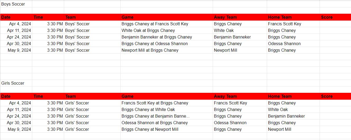 Soccer Schedule